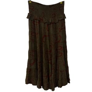 Earthbound Trading Co Olive Red Paisley Smocked Tiered Maxi Skirt Large Boho